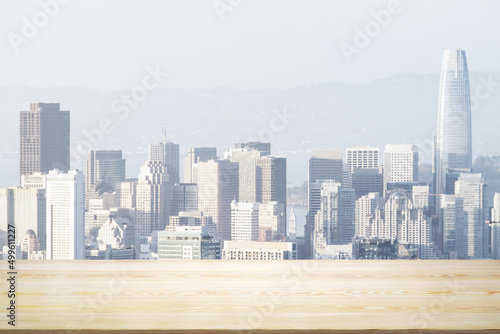 Blank wooden tabletop with beautiful San Francisco skyline at daytime on background  mockup