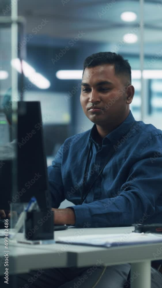 Vertical Screen. Night Office: Portrait of Handsome Indian Man in ...