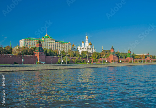 Russia - Moscow - Kremlin walls and towers along with Grand Kremlin Palace, Ivan the Great Bell Tower and cathedrals taken from river side. UNESCO World Heritage site