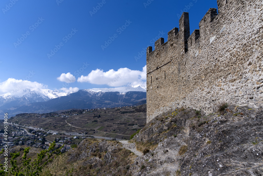 Beautiful ruins of medieval Tourbillon Castle on a hill at City of Sion on a sunny spring day. Photo taken April 4th, 2022, Sion, Switzerland.