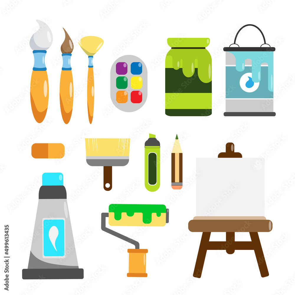 Set of colorful artist tools in cartoon style. Vector illustration of drawing and painting tools brushes, paints, roller, easel, pencils, eraser, pen, watercolor in a tube on white background. Set of colorful artist tools in cartoon style. Vector illustration of drawing and painting tools brushes, paints, roller, easel, pencils, eraser, pen, watercolor in a tube on white background.