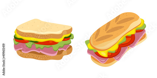 Set of delicious sandwiches in cartoon style. Vector illustration of homemade breakfast or street food on white background.