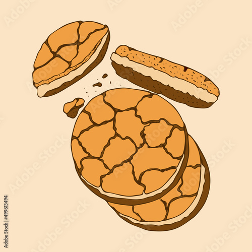 Cookies hand drawing doodle, cookies with a layer of filling, piece, crumbs. Vector illustration