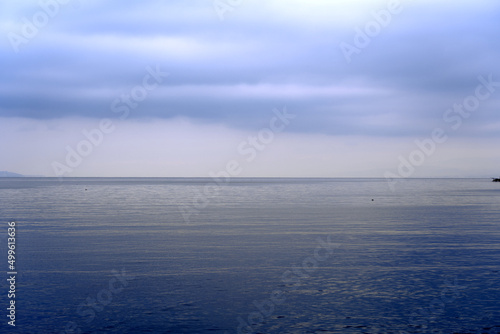 Scenic landscape seen from City of Vevey with Lake Geneva on a cloudy spring day. Photo taken April 4th  2022  Vevey  Switzerland.