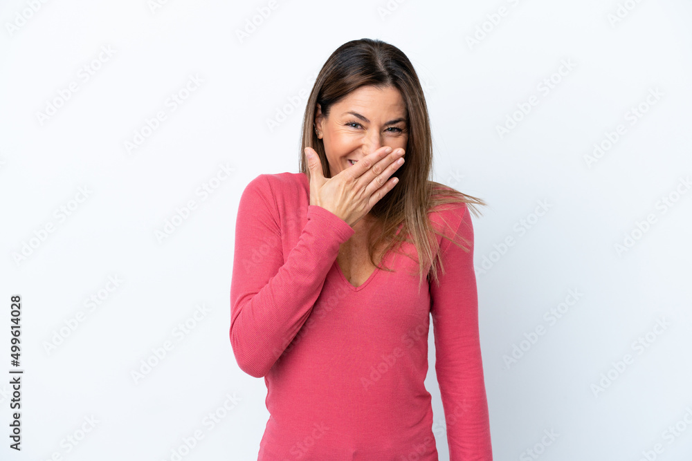 Middle age caucasian woman isolated on white background happy and smiling covering mouth with hand Middle age caucasian woman isolated on white background happy and smiling covering mouth with hand