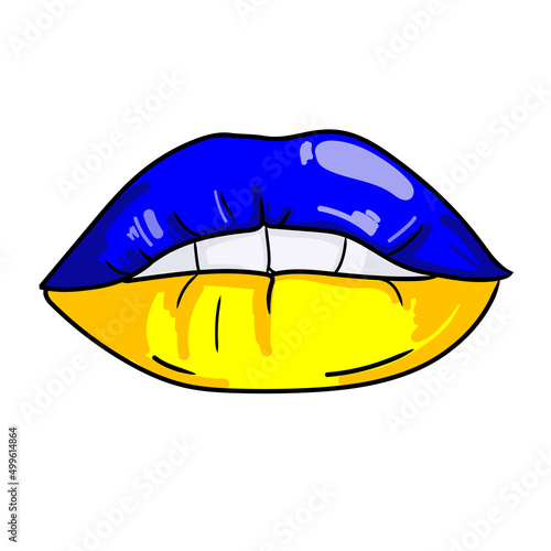 Female lips vector cartoon illustration.Lips drawn of the Ukrainian flag colors are blue-yellow,image isolated on white background.Idea for printing on clothes,emblem,logo.Patriotic Ukrainian concept