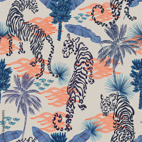 Photography Trendy seamless pattern with Chinese tiger in lush stylized tropics, Asian motifs
