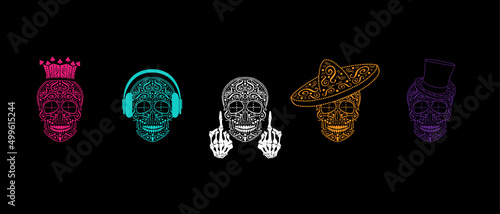 Set of different skull characters with different modern style king, Mexican, music and middle finger up,  on dark background.