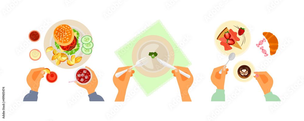Top view on different diet, sweets and fast food dishes Top view on different diet, sweets and fast food dishes