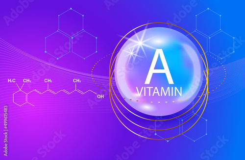 Vitamin shining pill capsule icon. Vitamin A. Retinol Retinol, retinal, beta carotene. Shining golden substance drop. Meds for heath ads.