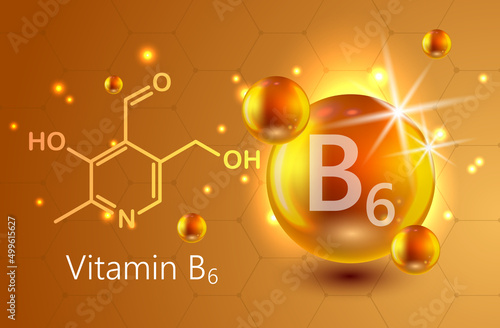 Vitamin gold shining pill capsule icon. Nutrition sign vector concept. The power of vitamin B6. Chemical formula. Pyridoxine vitamin drop pill capsule. Shining golden essence droplet. Beauty treatment