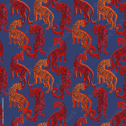 Trendy seamless pattern with Chinese tiger in lush stylized tropics, Asian motifs. symbol of the Chinese new year according to the lunar calendar.