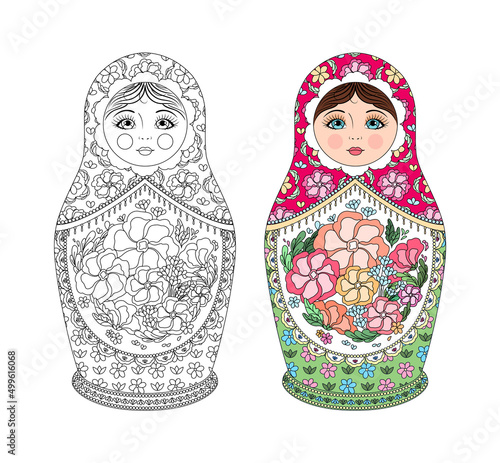 Coloring book. Russian Doll. Pretty Matryoshka doll with Flowers on Dress and Scarf. Floral Pattern. Black White Color Contour Line style. Before After. Print. White background. Vector illustration.