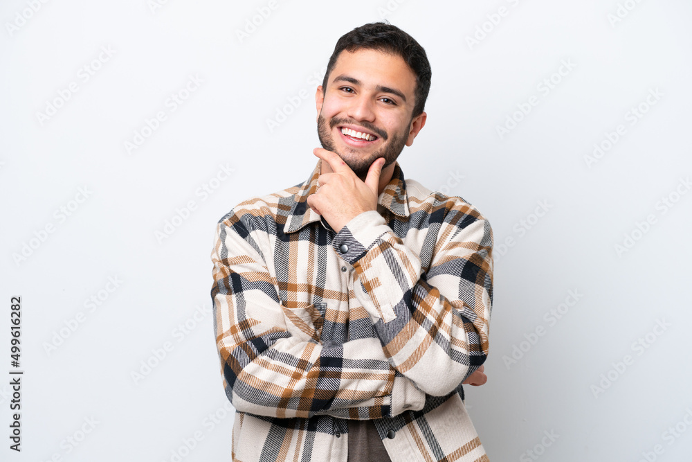 Young Brazilian man isolated on white background happy and smiling Young Brazilian man isolated on white background happy and smiling