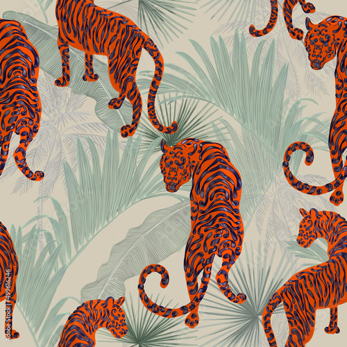 Photography Trendy seamless pattern with Chinese tiger in lush stylized tropics, Asian motifs