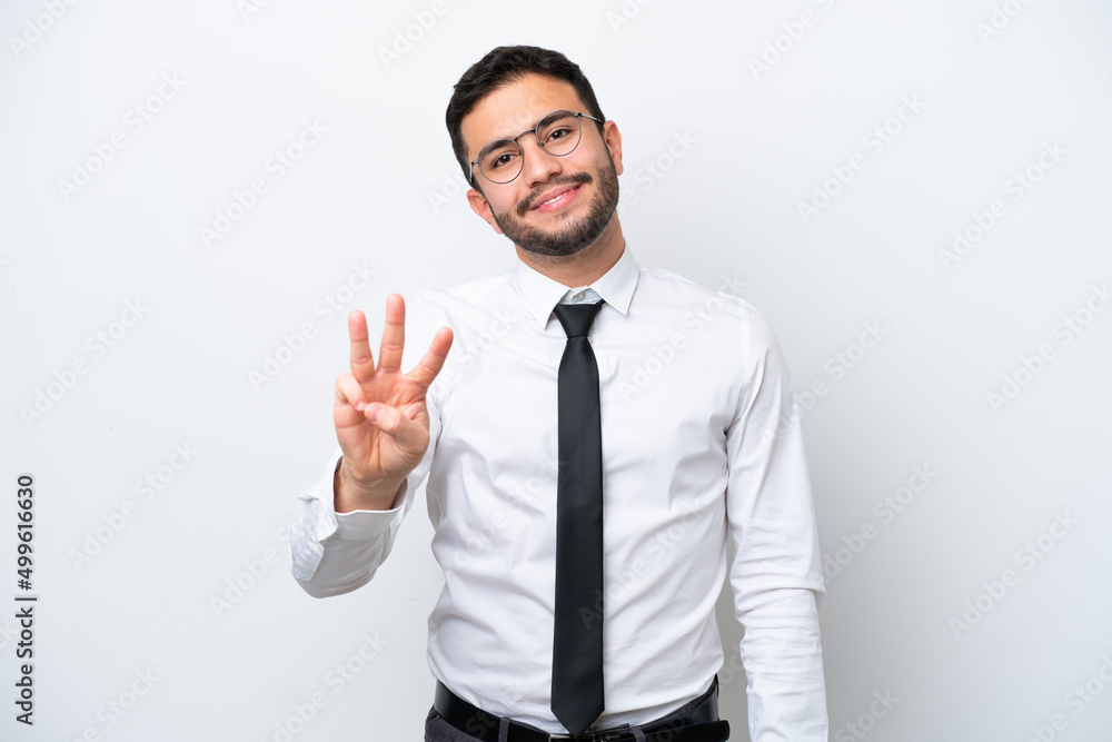 Business Brazilian man isolated on white background happy and counting three with fingers Business Brazilian man isolated on white background happy and counting three with fingers