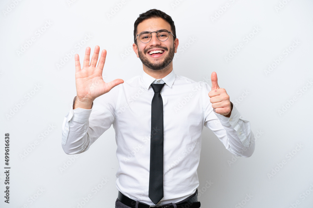 Business Brazilian man isolated on white background counting six with fingers Business Brazilian man isolated on white background counting six with fingers
