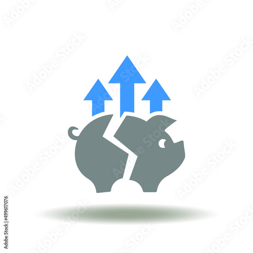 Vector illustration of piggy bank a crashed or broken with arrows up. Icon of cash outlay, growth consumption, expenditure rate. Symbol of inflation, recession. Sign of spending financial savings.
