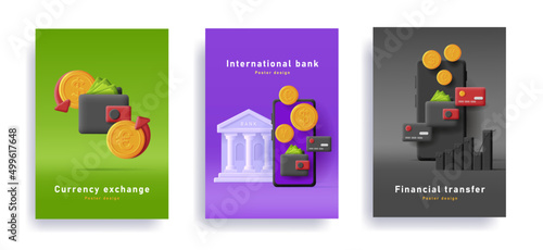 Set of business posters with wallet and coins, banking credit cards and smartphone
