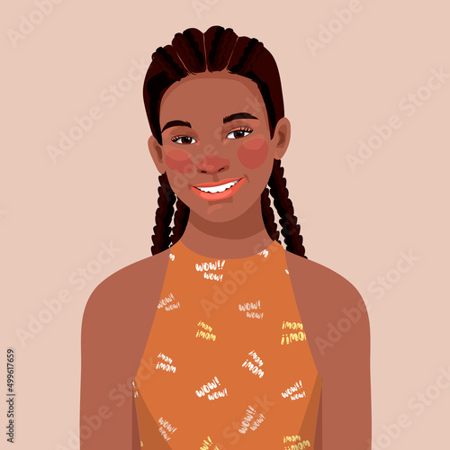 young black teen girl in a T-shirt with the words "wow". Avatar for a social network.  fashion illustration isolated on background. Portrait