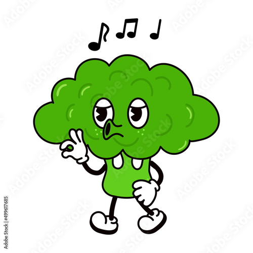 Cute funny broccoli walking singing character. Vector hand drawn traditional cartoon vintage, retro, kawaii character illustration icon. Isolated on white background. Broccoli cabbage walk and sing
