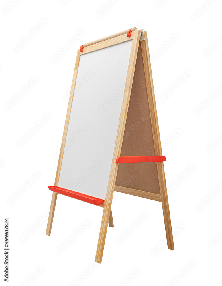 Children's floor easel for study and drawing. A children's floor easel for drawing with markers and paints stands on a white background.
