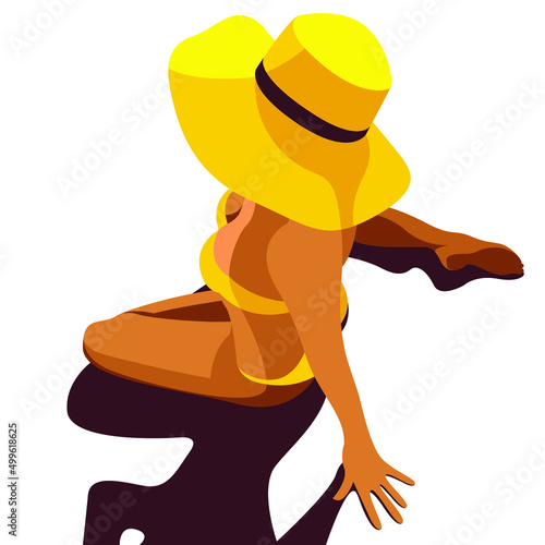 vector illustration on the theme of summer holidays. a tanned girl in a yellow swimsuit sits on her knees on the beach in a hat isolated on a white background. useful for advertising summer vacantion