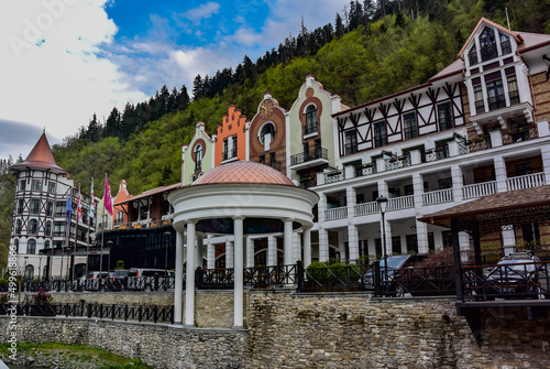 The streets in the city Borjomi, in a rainy spring day. April 30, 2019. Borjomi. Georgia.