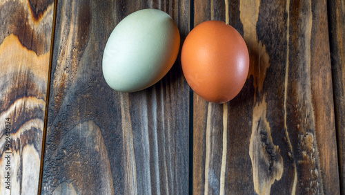 Llight blue and brown eggs. Easter Festival concepts. Araucana egg and the egg of an ordinary chicken. photo