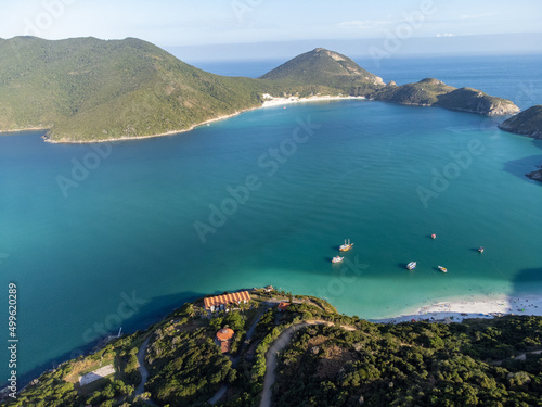 the most beautiful paradise bay with turquoise water beaches in the world. Caribbean and Thai style. Aerial drone cinematic view. Arraial do Cabo, Rio de Janeiro, Brazil - Praia do Pontal do Atalaia a