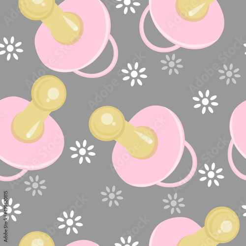 seamless pattern with baby pink pacifier and white small flowers. vector graphics for fabric, wrapping paper, endpaper, textile or background