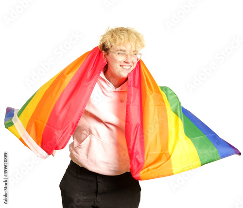 Woman with rainbow flag around her neck on a white background