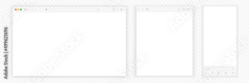 Web browser window white template. Realistic blank browser window with toolbar and shadow. Sample frame design Internet page mockup. PC, laptop, tablet and smartphone empty web page mockup.
