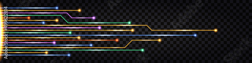 Fiber optic cable lines with neon light glow effect. Network connection, digital  communication technology design. Isolated on tranparent background. Vector illustration