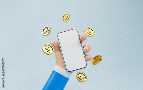 Businessman hand holding smartphone with currency include dollar Euro Yen pound sterling won and Ruble for forex currency exchange and money transfer concept by 3d render. photo