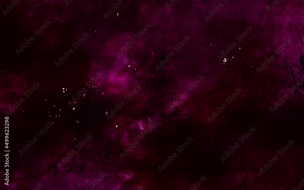 Abstract night sky space watercolor background with stars. Watercolor dark red pink nebula universe. Watercolor hand drawn illustration. Pink watercolor ombre leaks and splashes texture. 