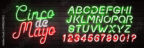 Vector realistic isolated neon sign of Cinco De Mayo with easy to change color alphabet font on the wall background.