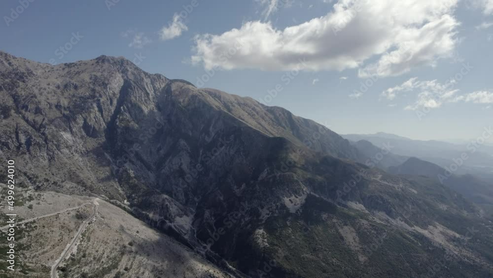 drone video over the Llogara mountain pass on SH8, Albania. Front shot from a bird's eye view advancing on the road with the horizon in the mountain. drone video over the Llogara mountain pass on SH8, Albania. Front shot from a bird's eye view advancing on the road with the horizon in the mountain.