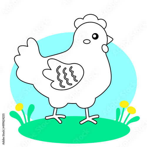 cute cartoon coloring page chicken on the lawn