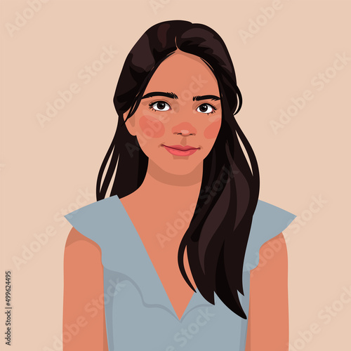 a young Indian girl is a teenager. in a blue sundress. long dark hair. Avatar for a social network.  fashion illustration isolated on background. Portrait