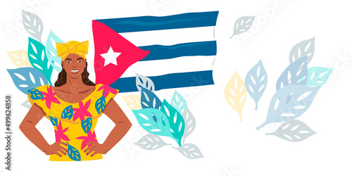 Cuba travel poster or flyer design with cuban woman at national flag backdrop. Cuba trip advertising banner or flyer for tourist agency background, flat vector illustration.