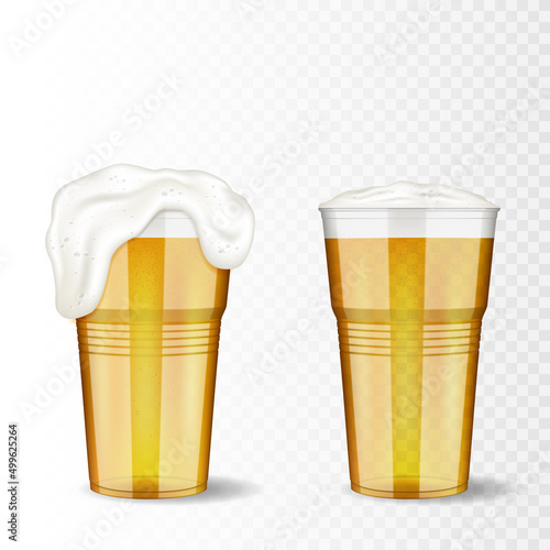 Set of disposable plastic transparent cup with beer, isolated.