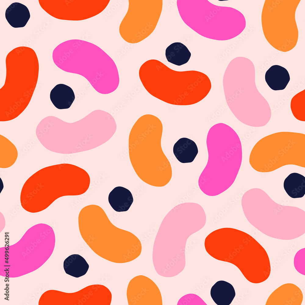 Beautiful seamless texture with abstract shapes. Vector pattern with geometric figures, dots and blobs. Abstract background with modern cutout shapes.
Beautiful seamless texture with abstract shapes. Vector pattern with geometric figures, dots and blobs. Abstract background with modern cutout shapes.