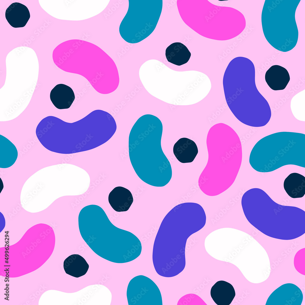 Beautiful seamless texture with abstract shapes. Pattern with geometric figures, dots and blobs. Abstract background with modern cutout shapes.