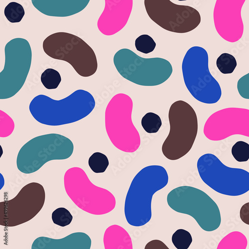 Beautiful seamless texture with abstract shapes. Vector pattern with geometric figures, dots and blobs. Abstract background with modern cutout shapes. 