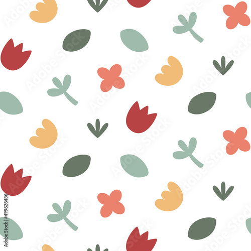 Seamless vector abstract floral pattern with leaves, plants, abstract elements and shapes for fashion, fabric, wallpaper and trendy prints