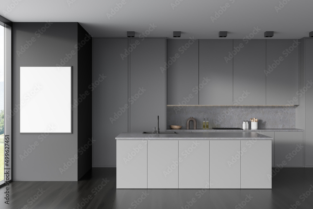 Front view on dark kitchen room interior with white poster Front view on dark kitchen room interior with white poster