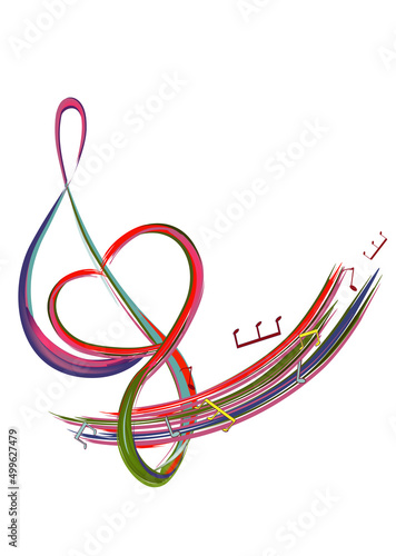 Abstract musical design with a treble clef and colorful splashes, notes and waves.  Colorful treble clef. Hand drawn vector illustration.