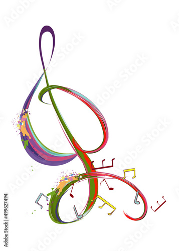 Abstract musical design with a treble clef and colorful splashes, notes and waves.  Colorful treble clef. Hand drawn vector illustration.