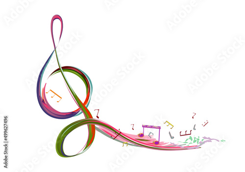 Abstract musical design with a treble clef and colorful splashes, notes and waves.  Colorful treble clef. Hand drawn vector illustration. photo